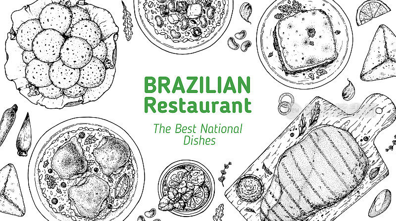 巴西食物顶视图矢量插图。食品菜单设计模板。手绘草图。巴西菜菜单。传统的巴西美食。Pao de quejo, Galinhada, Escondidinho, Baiao de dois